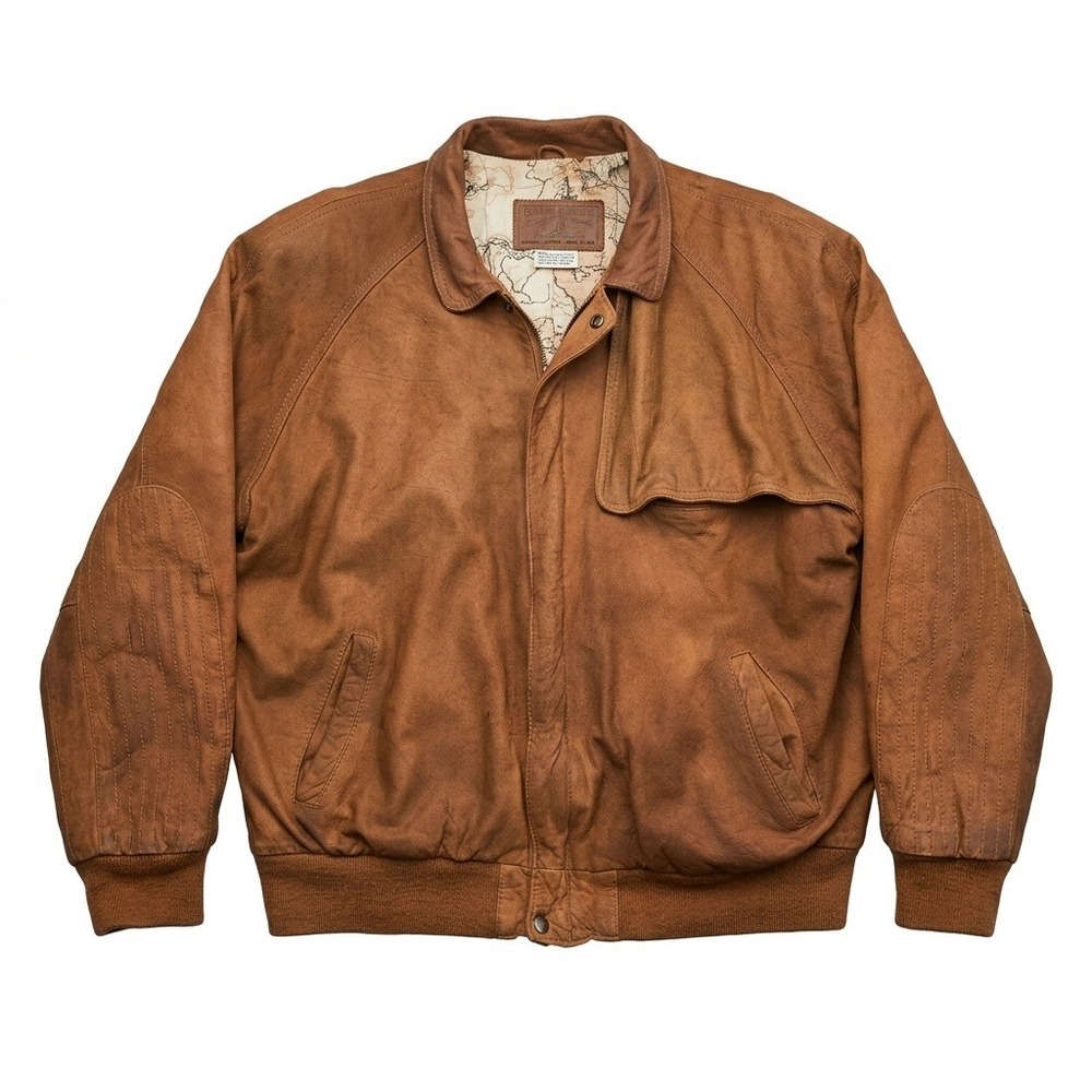 VTG 90s Marlboro Adventure Team Leather Bomber Jacket Map Lining Brown Mens L‎
